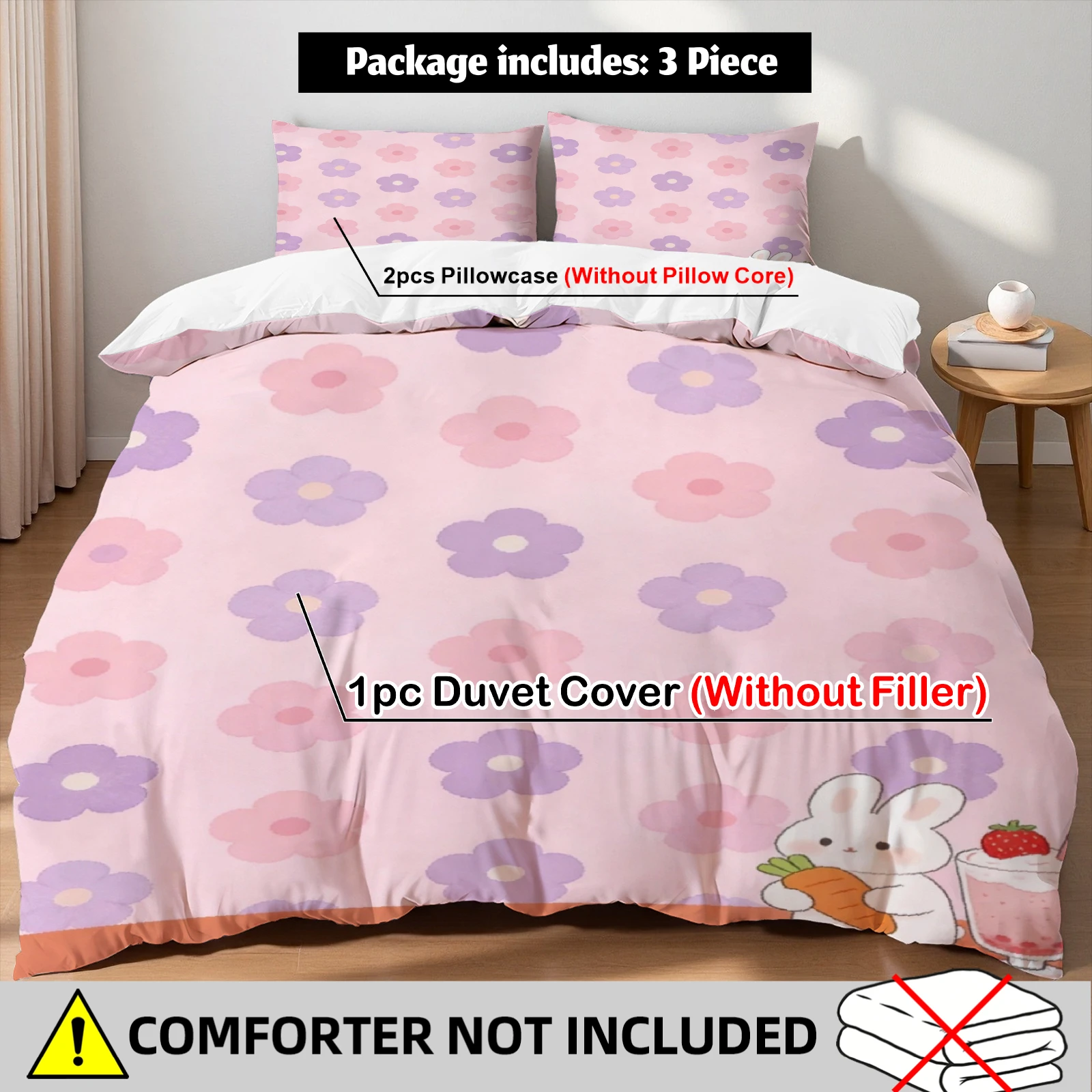 

Милый комплект постельного белья с рисунком кролика и цветов, розово-фиолетовый, с 2 наволочками, для девочек, для спальни, домашнего декора, размеры Twin, Queen, King