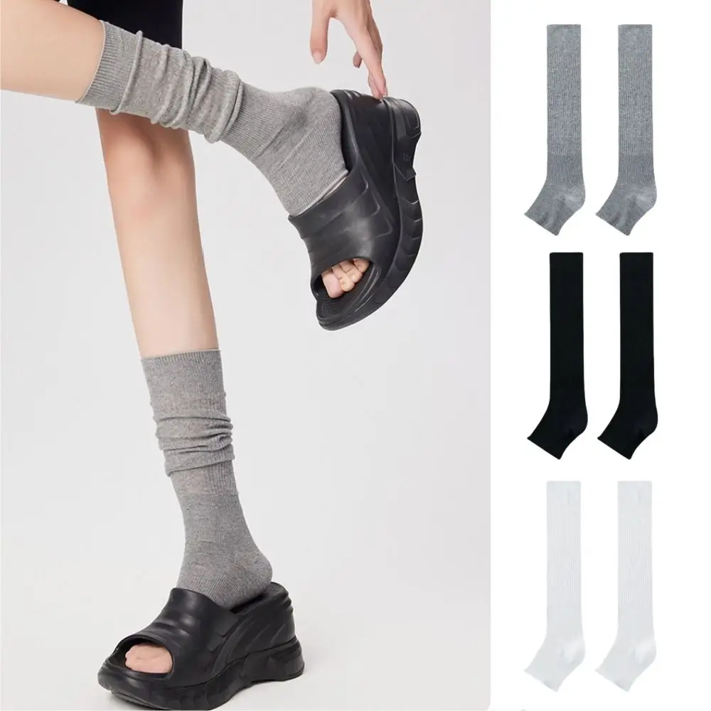 1 Pair Random Elastic Lolita JK Calf Socks Solid Color Open Toe Knee High Socks Ultra-Thin Cotton Mid-tube Stocking Streetwear