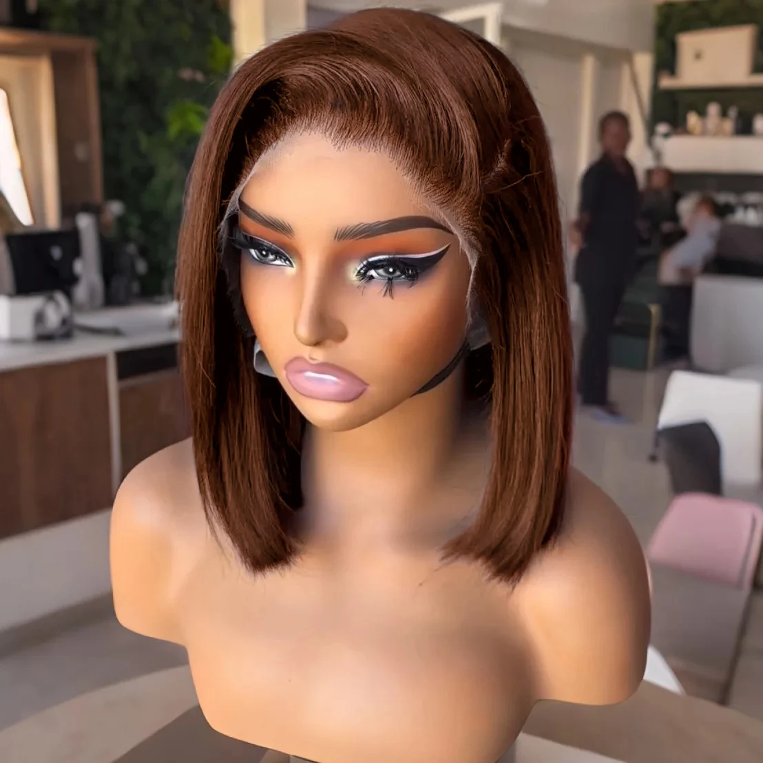 

300 Density 100% Human Hair Chocolate Brown Short Straight Bob 13x4 Lace Frontal Wigs #4 Colored HD 2x6 Lace Front Wig