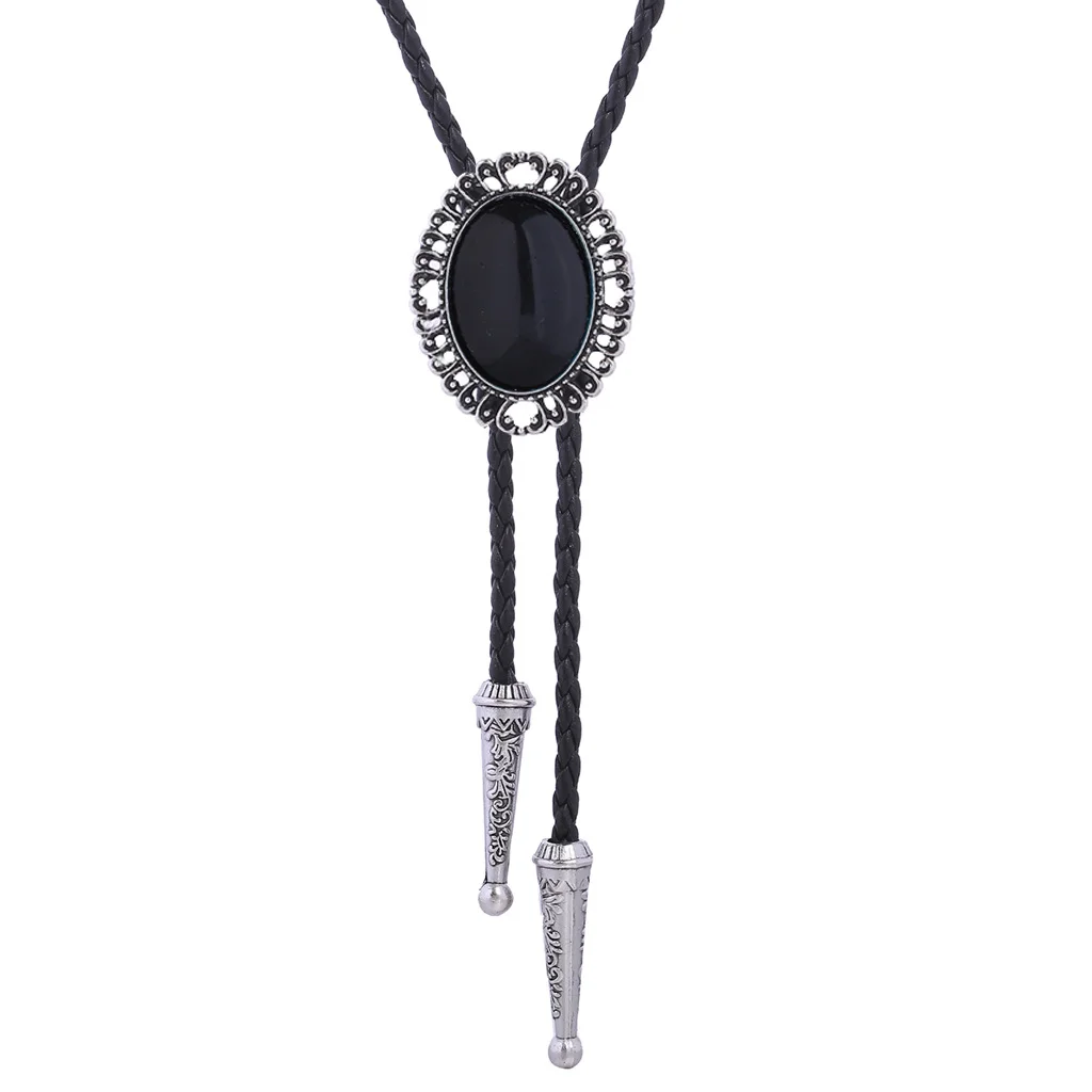 

Bolo Tie Retro shirt chain Oval Imitation of obsidian Poirot led rope leather necklace Long tie hang