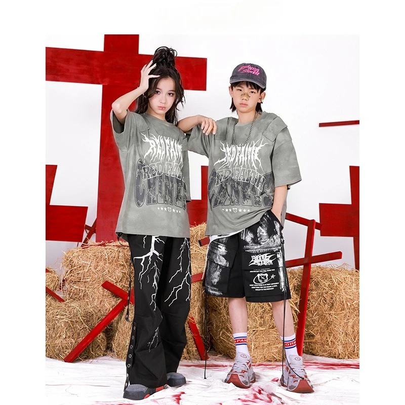 Vêtements Streetwear Hip Hop pour garçons, t-shirt à manches courtes, pantalons éclair, vêtements de spectacle de pratique de Jazz pour filles, Costumes de scène
