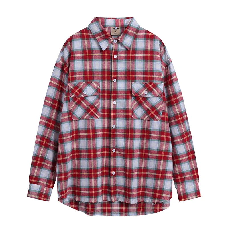 Shirt Coat AutumnNew Letter Embroidered Plaid Lapel Men's and Women's Same Style American Retro Loose Couple Casual All-Matching