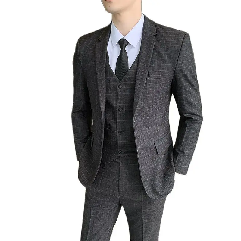 

Large Size S-5XL (suit + Vest + Trousers) Men's Comfortable Gentleman Dark Grid Fashion British Style Business Three-piece Suit