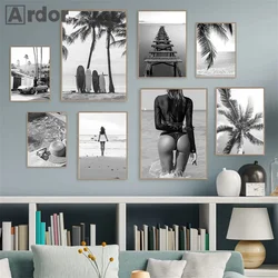Black And White Palm Leaf Surfboard Bridge Beach Girl Sea Wall Art Canvas Painting Posters And Prints Pictures Living Room Decor