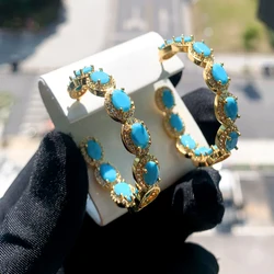 39mm Medium Sized Hoop Earring Geometric Oval Shaped Turquoises Huggie 5A Cubic Zirconia Bohemian Vintage Fashion Women Jewelry