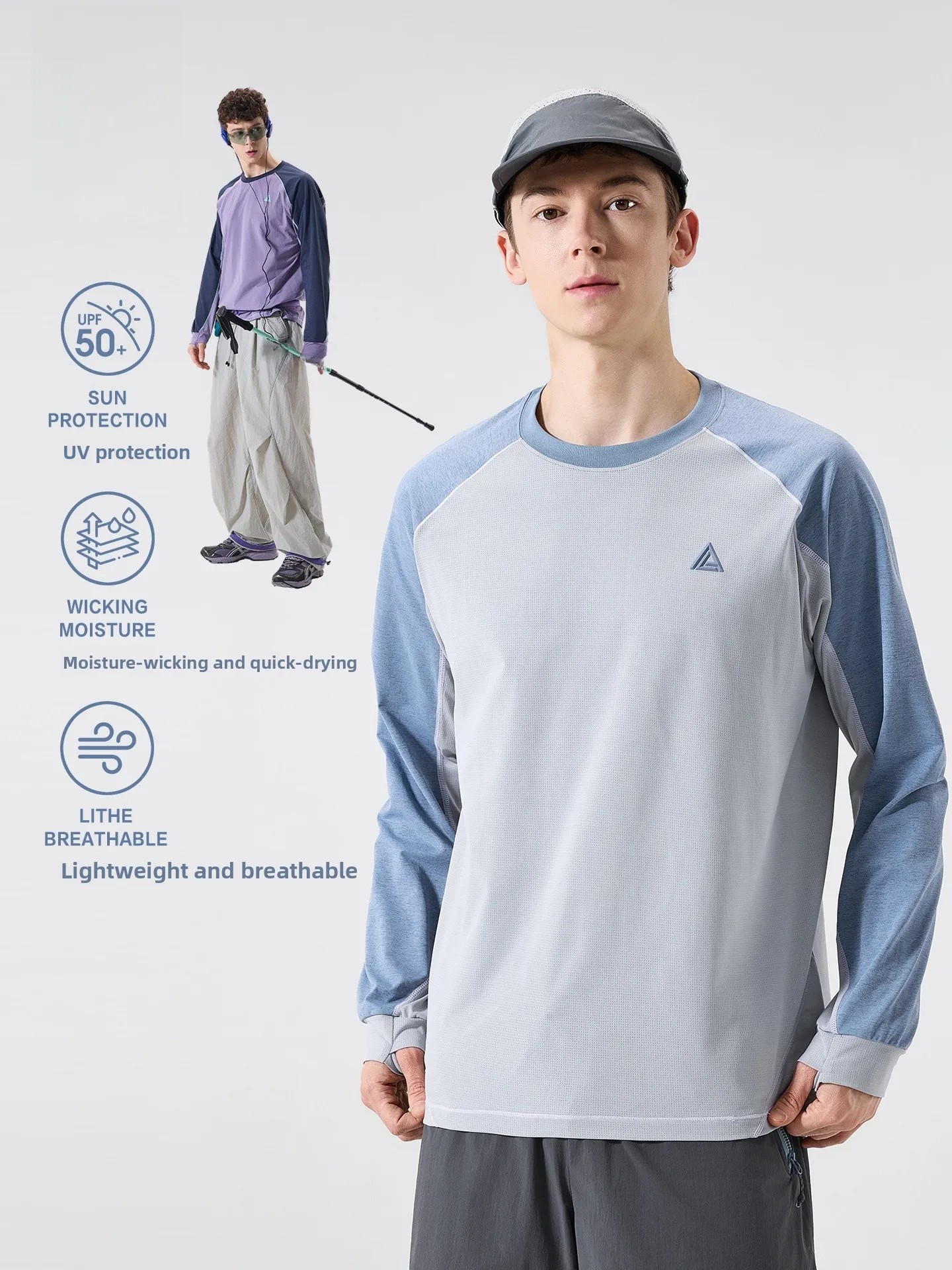 LAZY DAY Outdoor Long Sleeve T-Shirt Men's Loose Color Block Lightweight Breathable Quick Dry UV Protection Sports Top