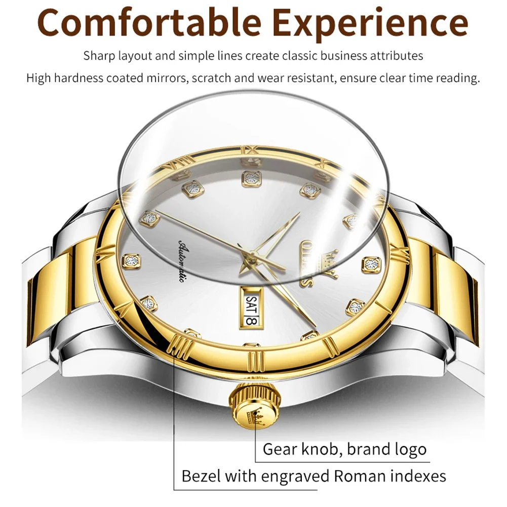 OLEVS Business Automatic Watch Men Luxury Stainless Steel Mechanical Self Winding Watches for Men Waterproof Watch Date Clock