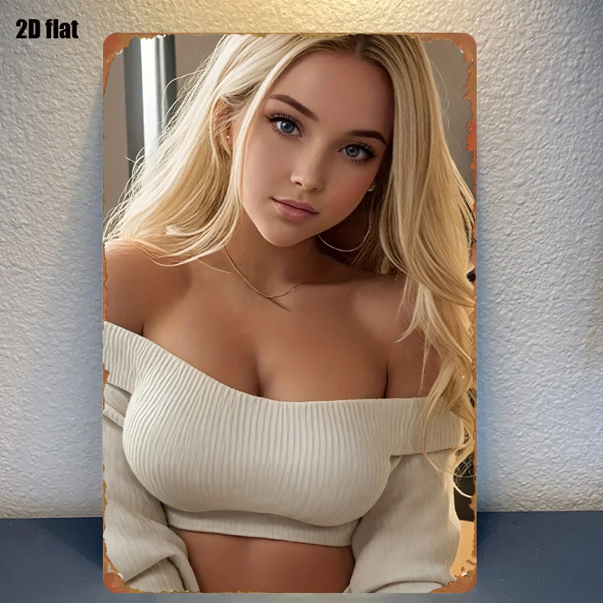 Vintage 2D Flat Blonde Woman in Beige Off-Shoulder Ribbed Crop Top Tin Sign - Retro Indoor Portrait Metal Wall Art Decor for Bed
