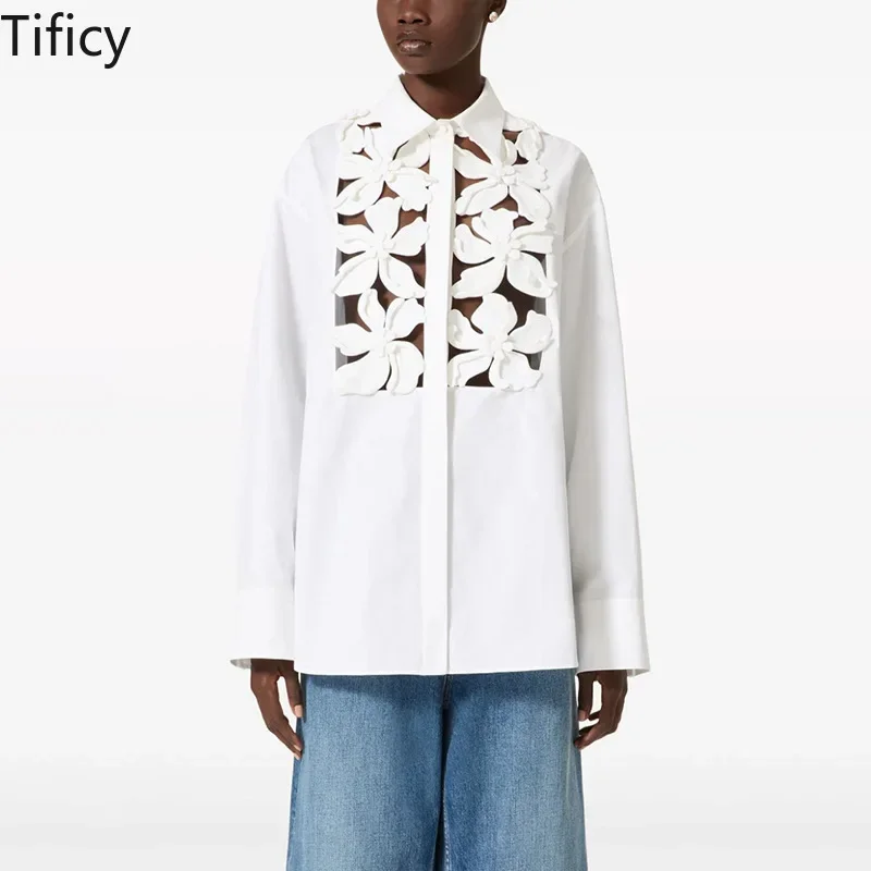 

TIFICY Korean Casual Shirts Women's Spring Item Lapel Splicing Three-dimensional Flower Decoration Long Sleeved Slim Fit Shirt