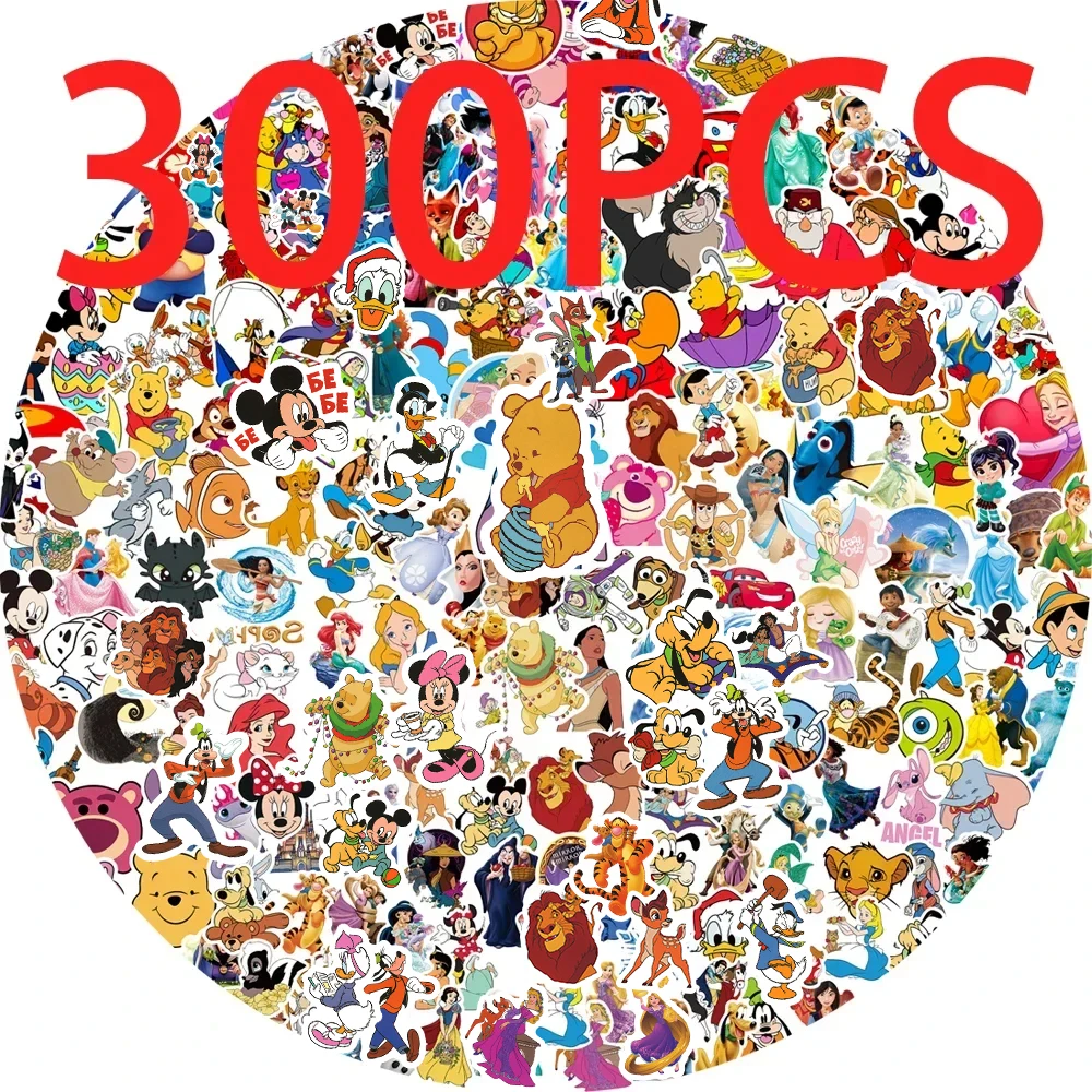 50/100/200/300 Uds. Pegatinas de dibujos animados de Disney, pegatinas de vinilo de Stitch, Micky y Princesas, impermeables, para laptop, equipaje, monopatín, juguetes
