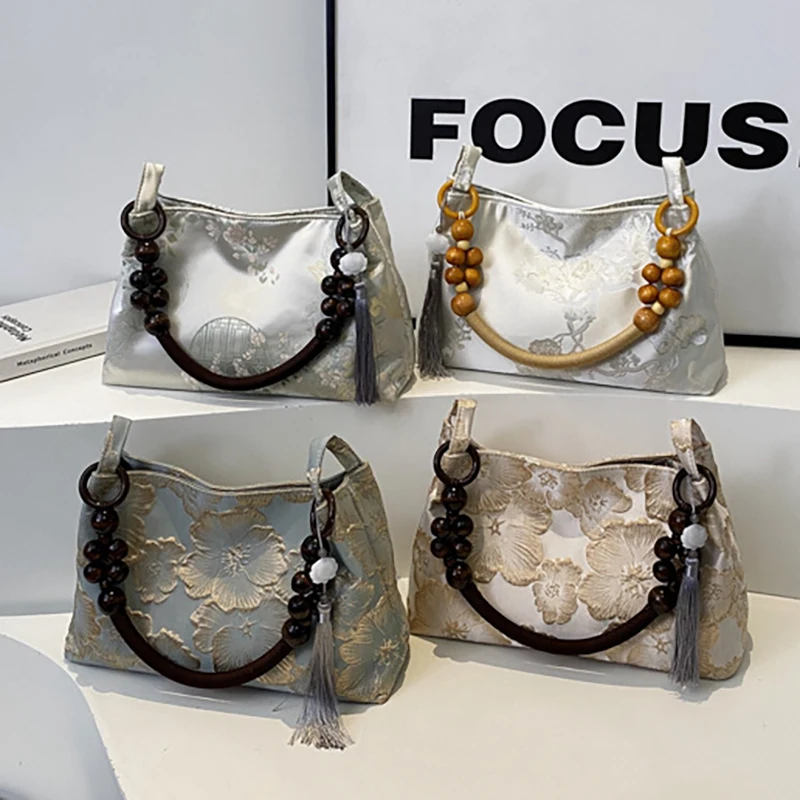 HAEX Chinese Style Ladies Handbags Designer Satin Floral Tassels Underarm Shoulder Bolso Mujer Luxury Elegant Sac A Main Femme