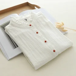 2024 Vintage 100% Cotton Yarn Blouses Women Japan Style Breathable Stand Collar White Base Shirts Sweet Lolita Clothing