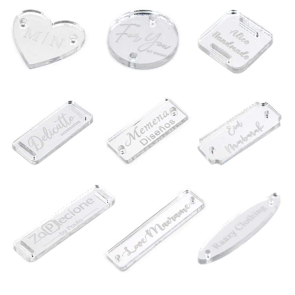 

50 Personalized Engraved Silver Mirror Tag Sew On Ribbon Bow Many Shape Acrylic Label Custom LOGO Handmade Party Candy Box Decor