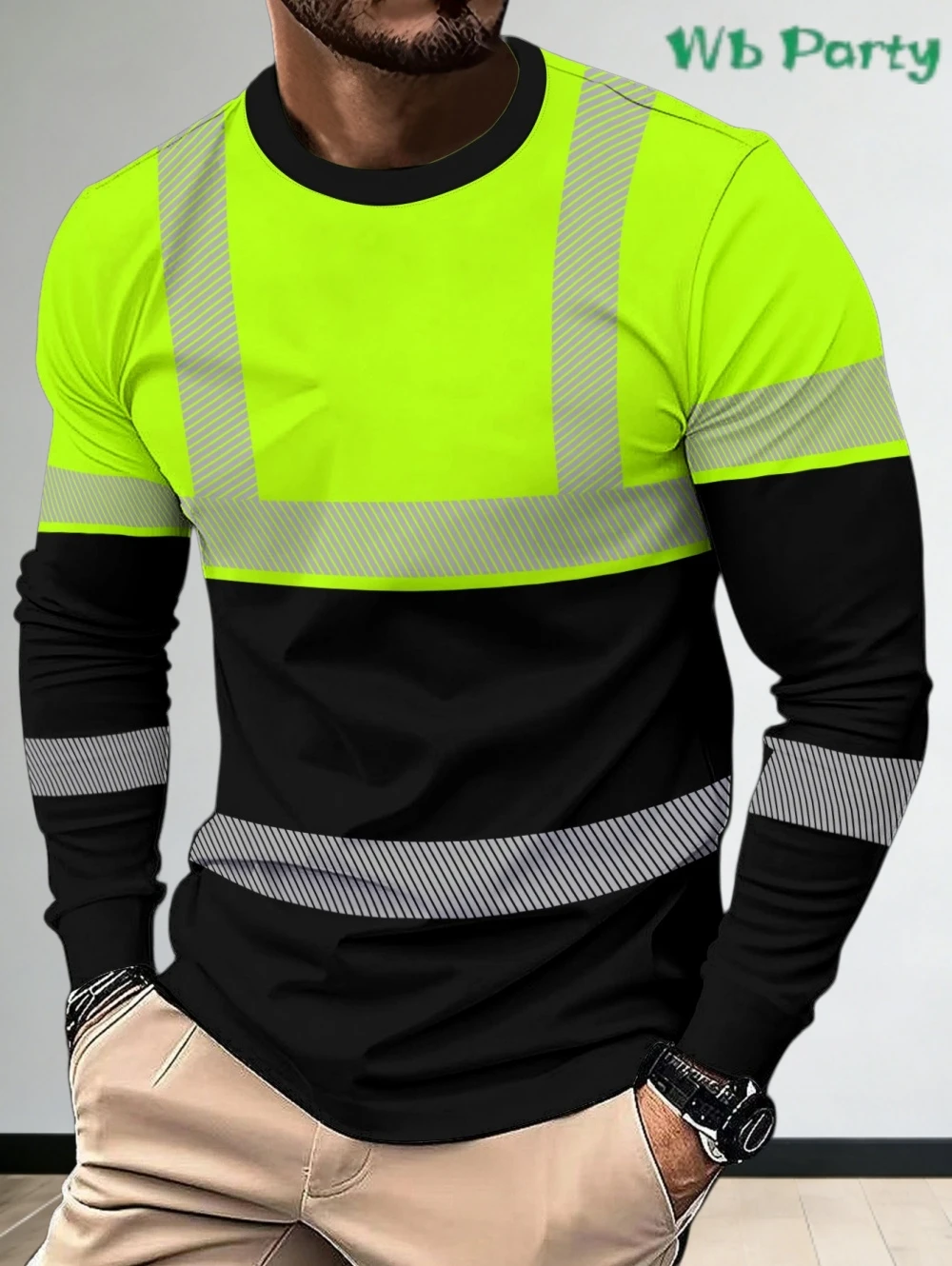 Y2K Men Neon Green Black Color Block 3D Printed Long Sleeve Shirt Relaxing Breathable Quick-dry Outdoor Sports Apparel Top  Work view 3