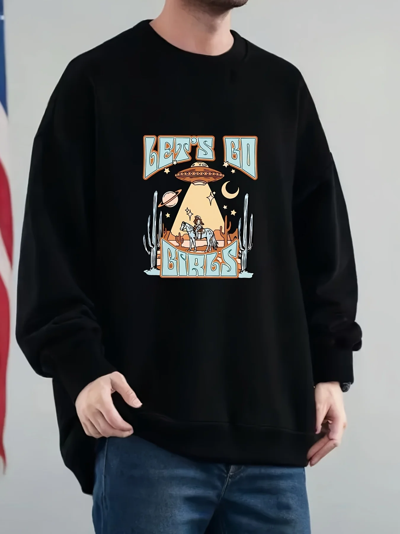 Felpa da uomo con stampa Let'S Go Friends Cactus UFO Pullover girocollo casual Manica lunga Vestibilità ampia per l'autunno inverno