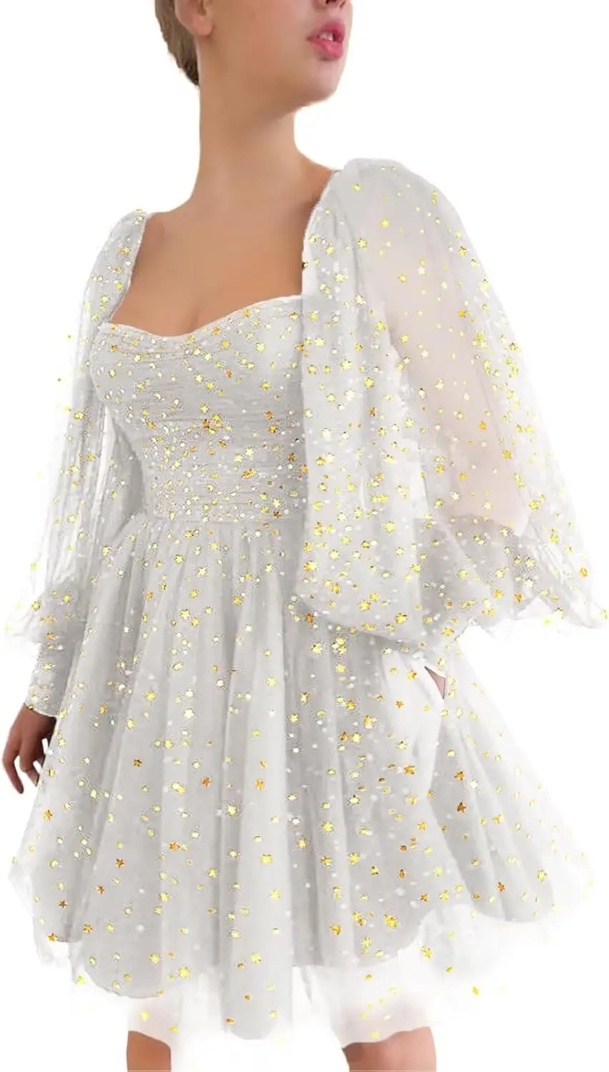 

Блестящие платья для встречи выпускников, короткие для подростков, пышные рукава, звездное тюлевое платье для выпускного вечера, выпускные мини-платья, женское выпускное платье