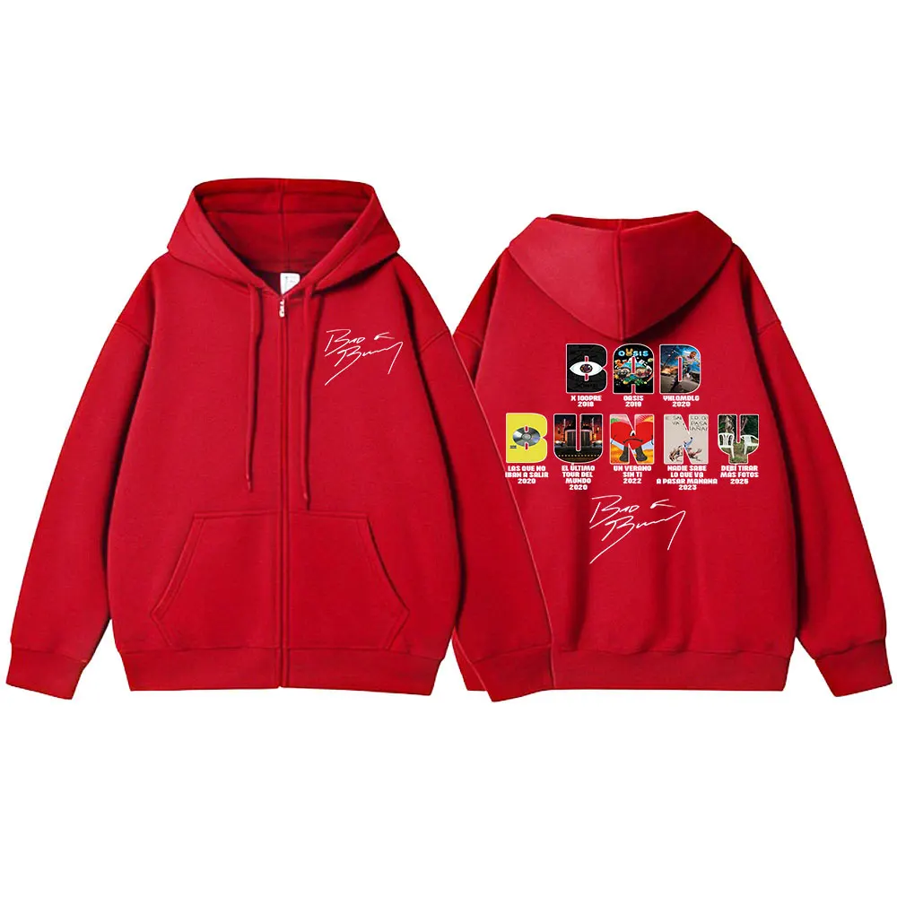 Rapper Bad Bunny Music Album Cover Print Zipper Hoodies Men Women Clothing Hip Hop Zip Up Sweatshirts Long Sleeve Hoodie Jackets