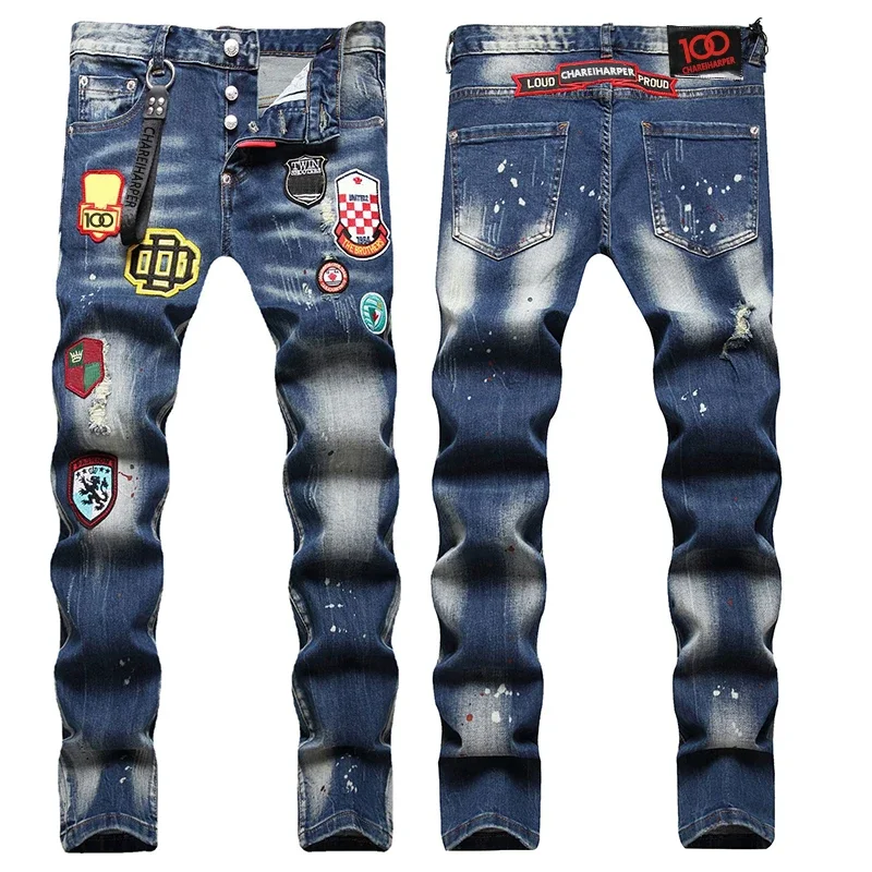 

chareiharper plus size dsq071 Men's jeans Stretch complex wash water hand painted bay dot badge hanging adorn straight leg jeans