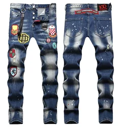 chareiharper plus size dsq071 Men's jeans Stretch complex wash water hand painted bay dot badge hanging adorn straight leg jeans