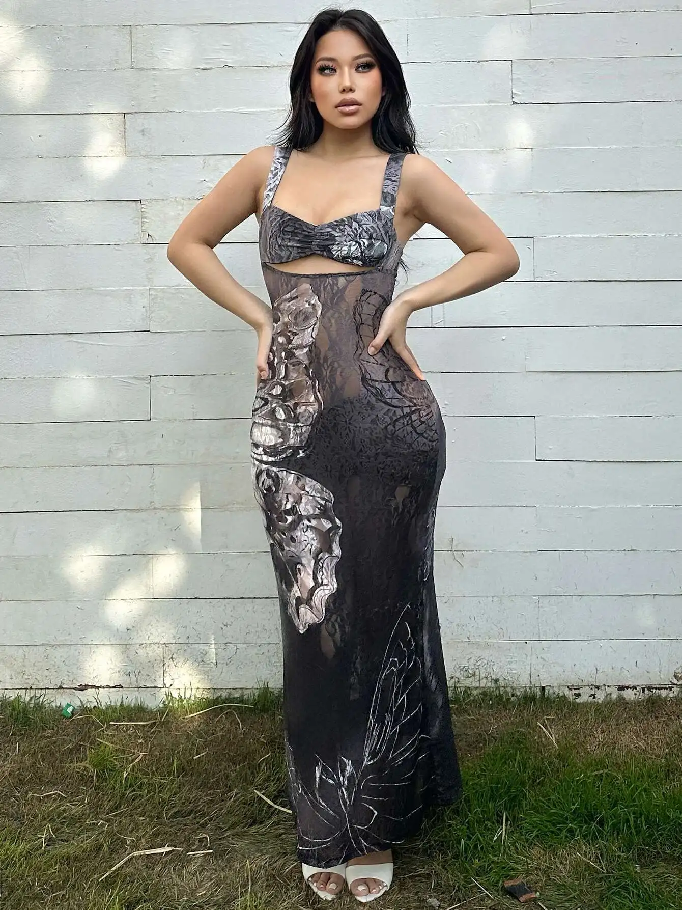 Vestido largo con estampado de encaje recortado, ceñido al cuerpo, Sexy, para fiesta y Club, trajes Y2K, ropa de calle, Vestido Bandage, vestidos clásicos para graduación PQ7W