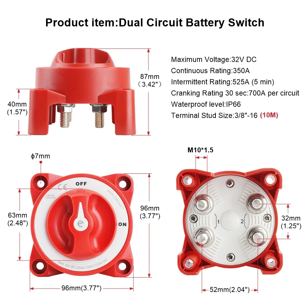 2 Position Battery Switch 32V 350A E-series Dual Circuit  Battery Disconnecter Isolator for Camper RV Boat