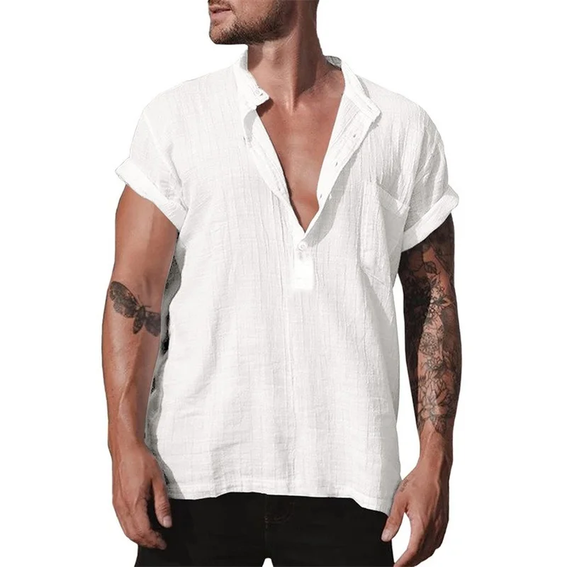 Cotton Linen Shirt Short Sleeves Summer Kurta Solid Men's Casual Tops Notched Neck Half Button Down Plain Shirt Blue White Blue