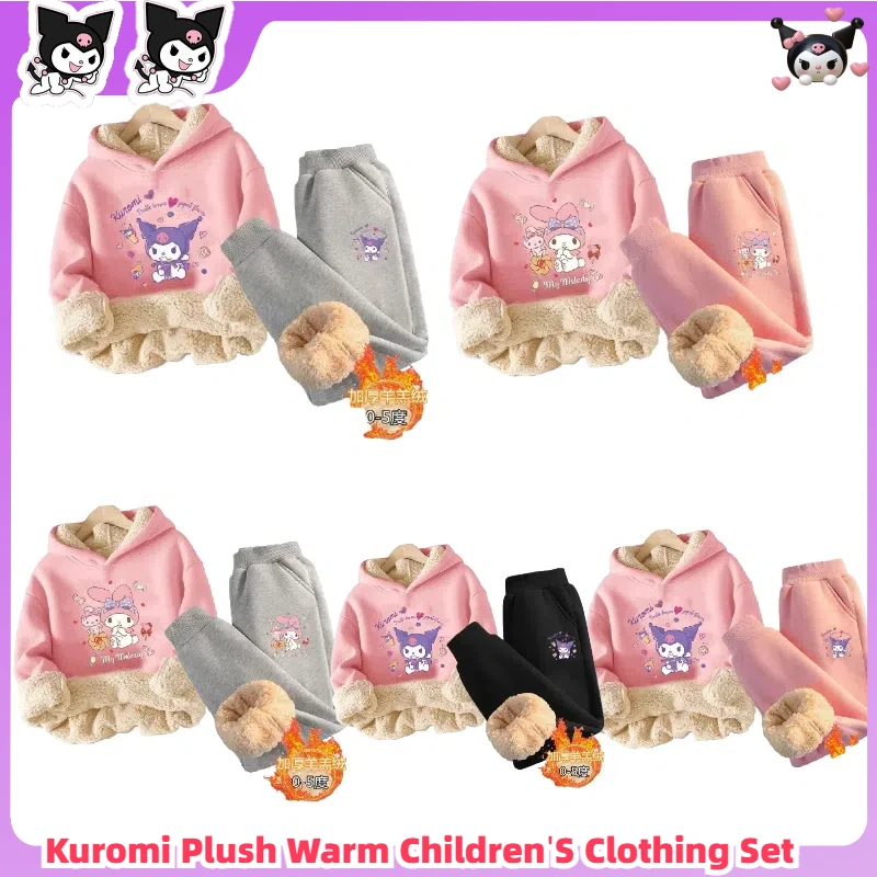 New Kuromi Plush Warm Children'S Clothing Set For Girls Thicken Fleece Lined Sweatshirt + Pants 2 Pcs Suit Winter Tracksuit Gift