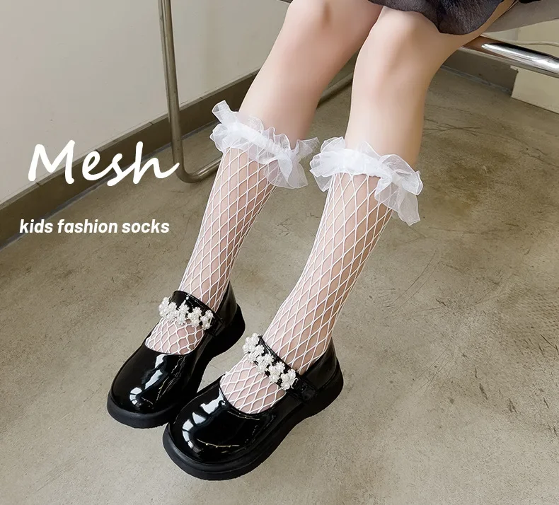 Chaussettes longues en résille à nœud pour enfants, chaussettes hautes pour enfants, filet Lolita, vintage, blanc, noir, sol, point, mignon, bébé, été