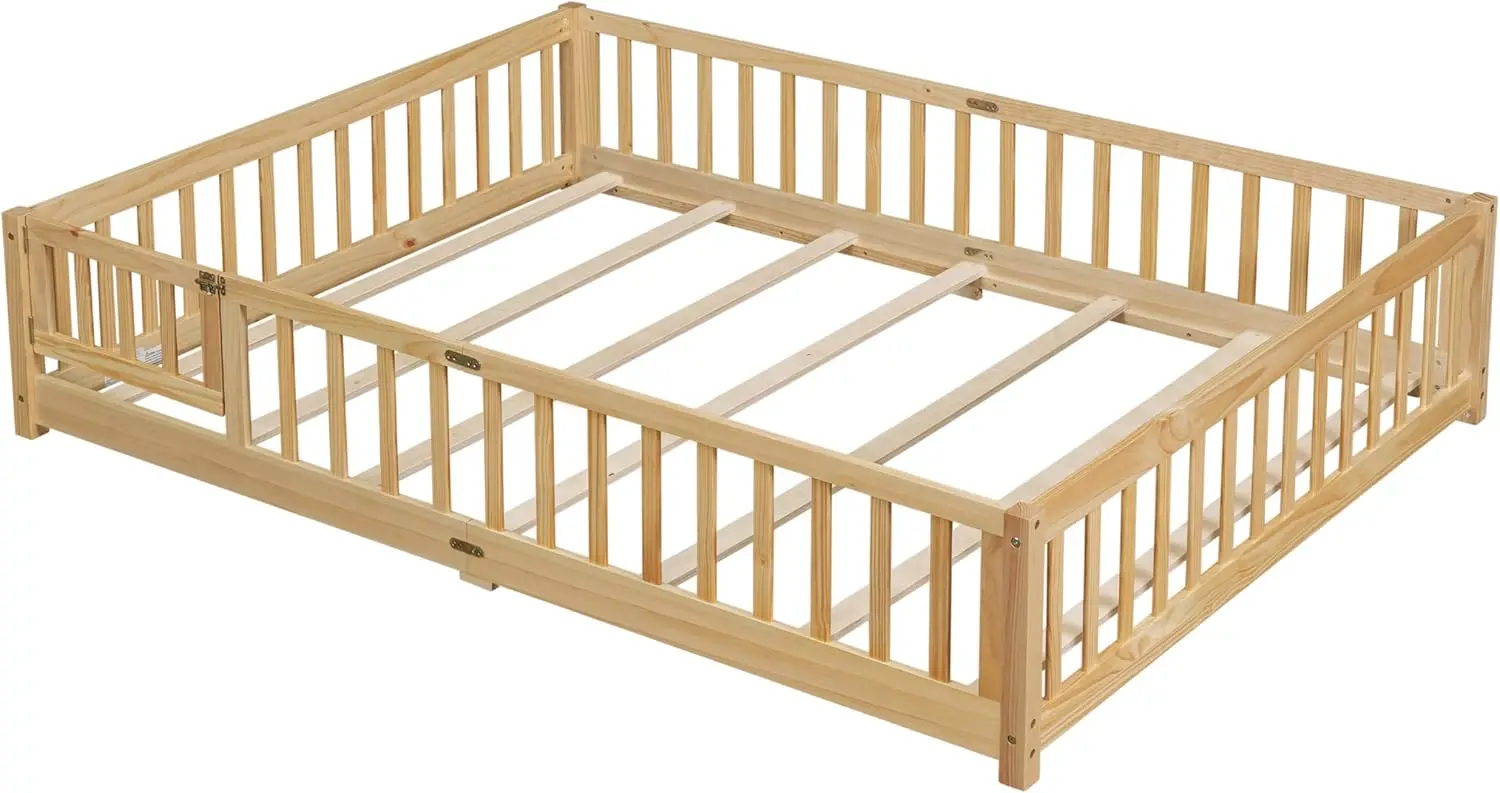 Queensize vloerbed met deur, Montessori-vloerbed voor kinderen met latten en hek, massief houten queensize bedframe voor meisjesjongens (Queen, Na