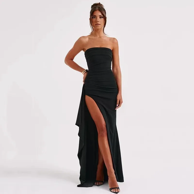 

2025 Summer Slash Neck Strapless Party Evening Dress Casual Sleeveless High Slit Long Dress Elegant Backless Sexy Dress Vestidos