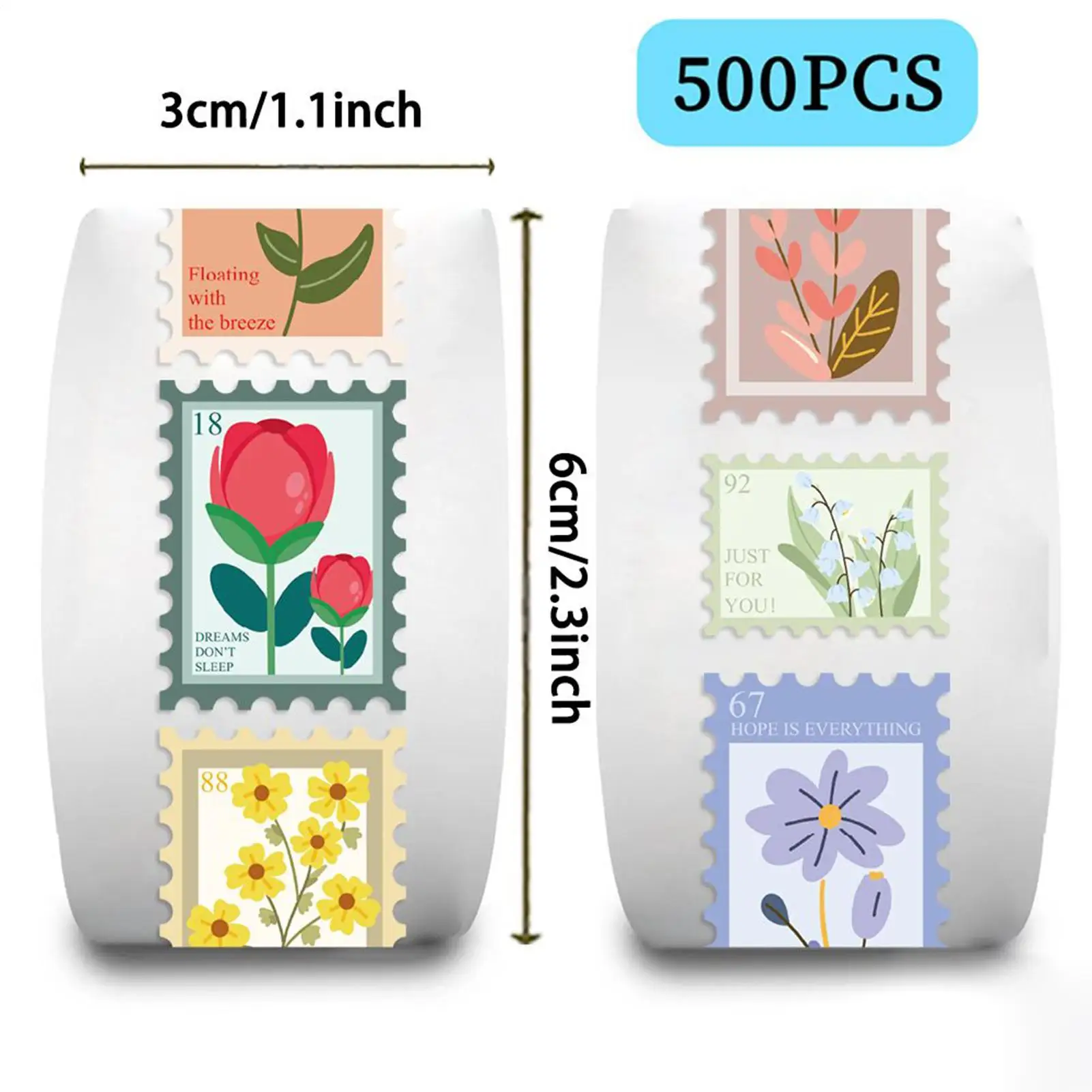

500 Pcs/roll Cartoon Floral Postage Stamp Stickers Self Adhesive Journaling Labels For Scrapbook Envelopes Sealing Packaging