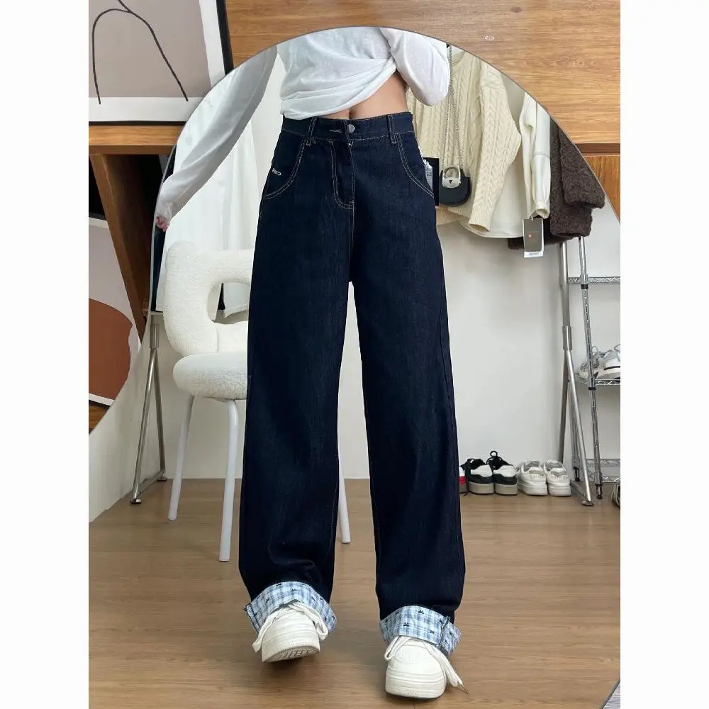 Amerykańskie jeansy w kratę w stylu retro, z szerokimi nogawkami, damskie, luźny krój, wyszczuplające, długie spodnie, nowość na wiosnę, wysoki stan, do pracy.