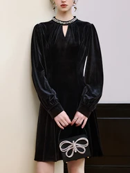 FSLE Women Black Velvet Dress Long Puff Sleeve Temperament Party Dresses Neck Bead Design 2024 Winter Mini Dress 24FS14699
