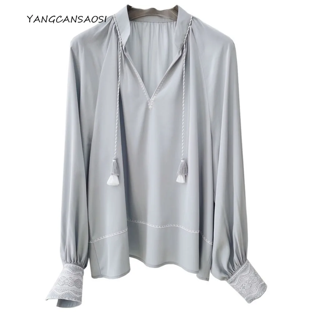 

2026 женская модная весенняя новая рубашка с длинным рукавом из 100% натурального шелка шелковицы с вышивкой тяжелого крепа