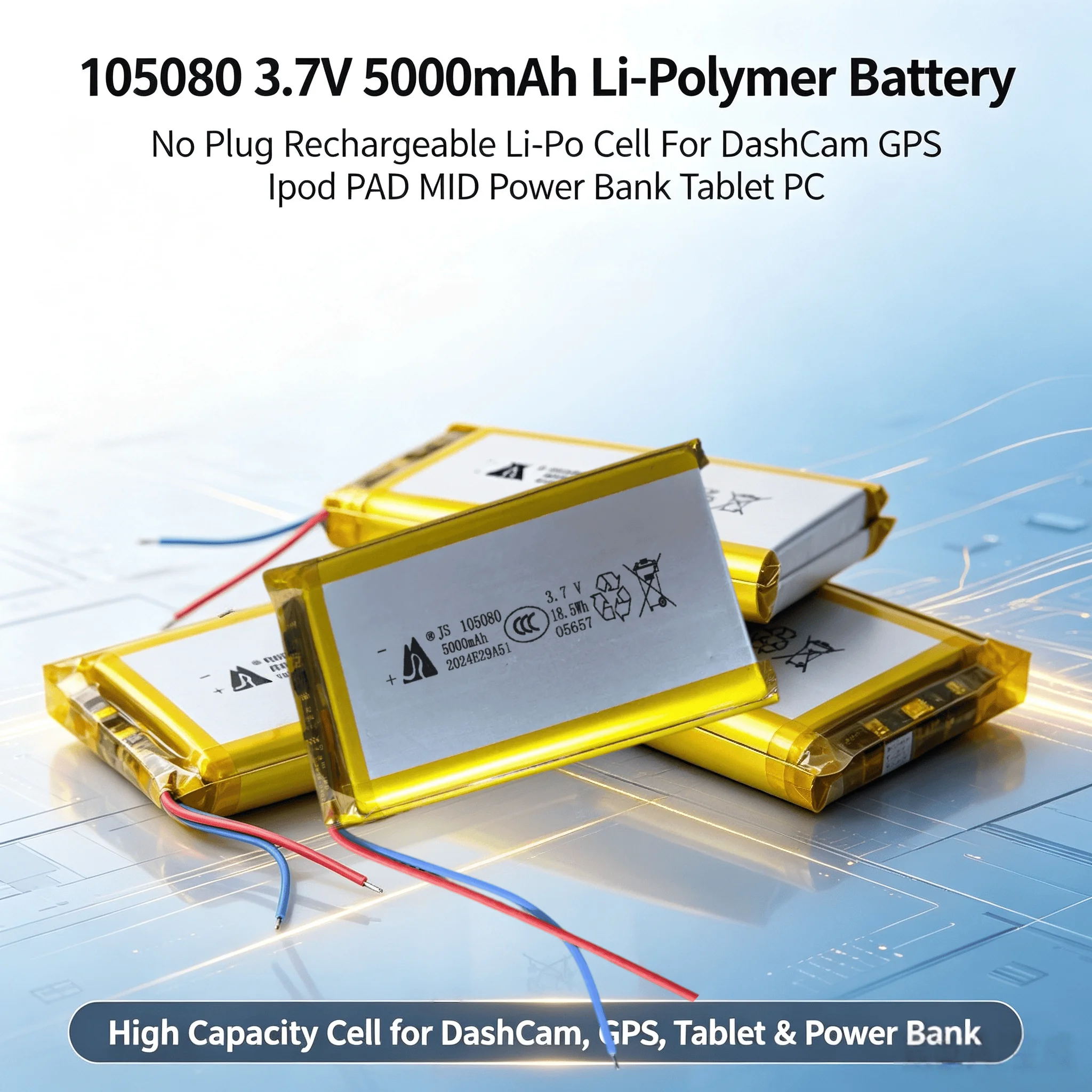 105080 3.7V 5000mAh Li-Polymer Battery, No Plug Rechargeable Li-Po Cell For DashCam GPS Ipod PAD MID Power Bank Tablet PC
