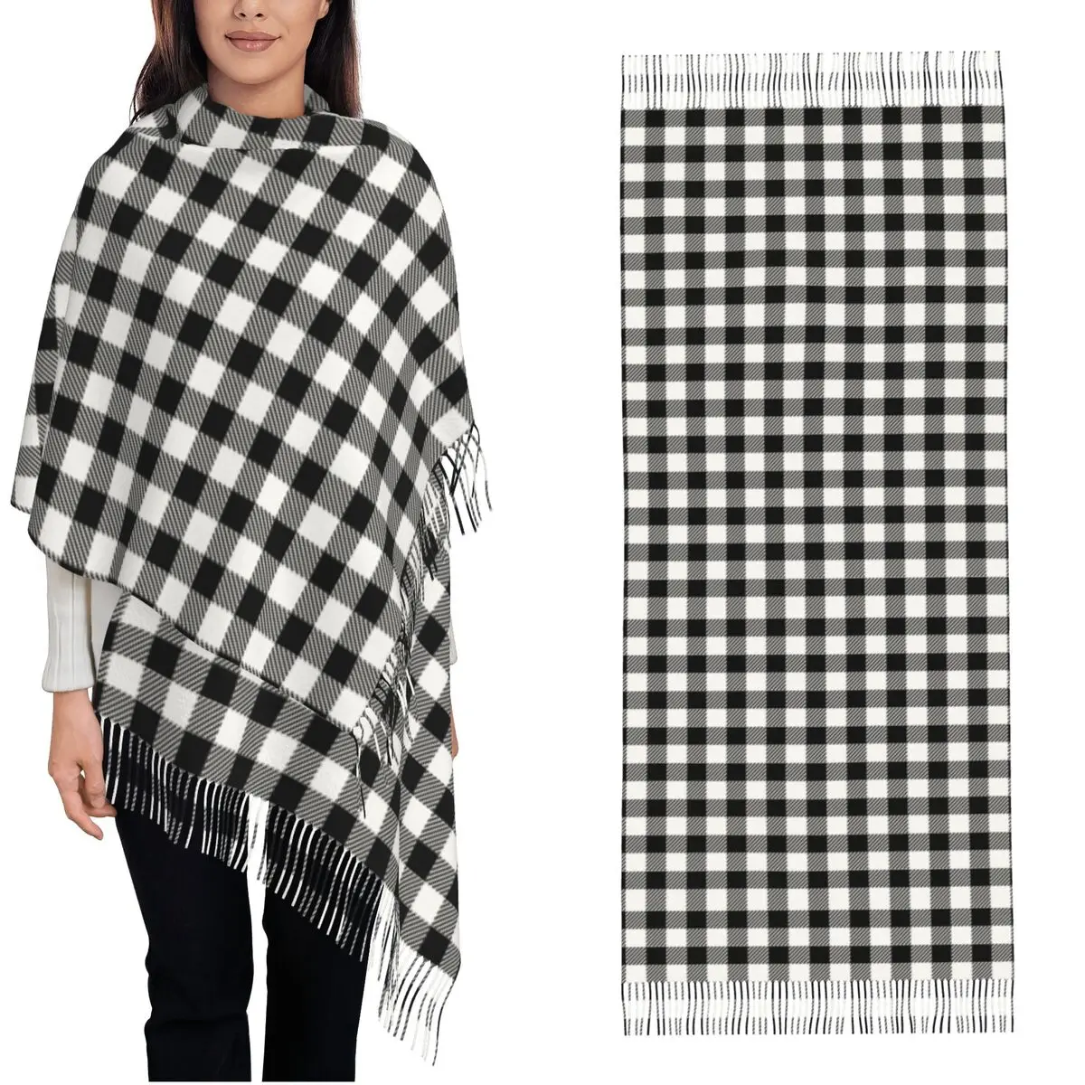 Womens Tassel Scarf Gingham Black White Plaid Check Long Winter Warm Shawl and Wrap Checkered Gifts Pashmina Scarves