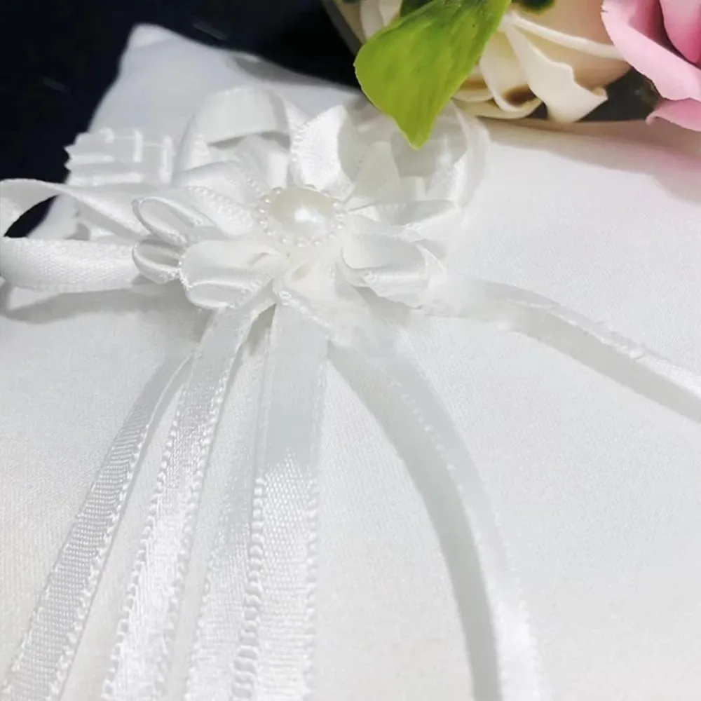 Polyester Wedding Ring Pillow Handmade Ribbon Decoration Bridal Ring Cushion Camellia Detail Heart Shaped Decor