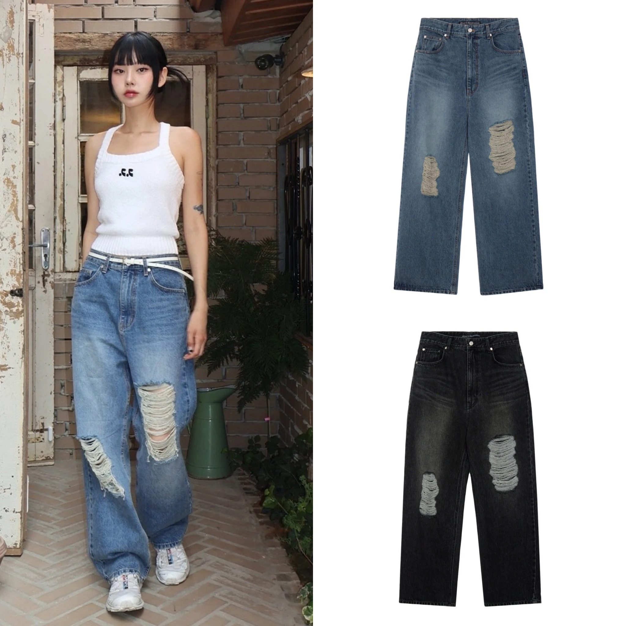

Waed Vintage Mid-Waist Straight Leg Jeans Long Trousers Korean Sle Faded Hole Design Casual Fem Jeans Winter Season