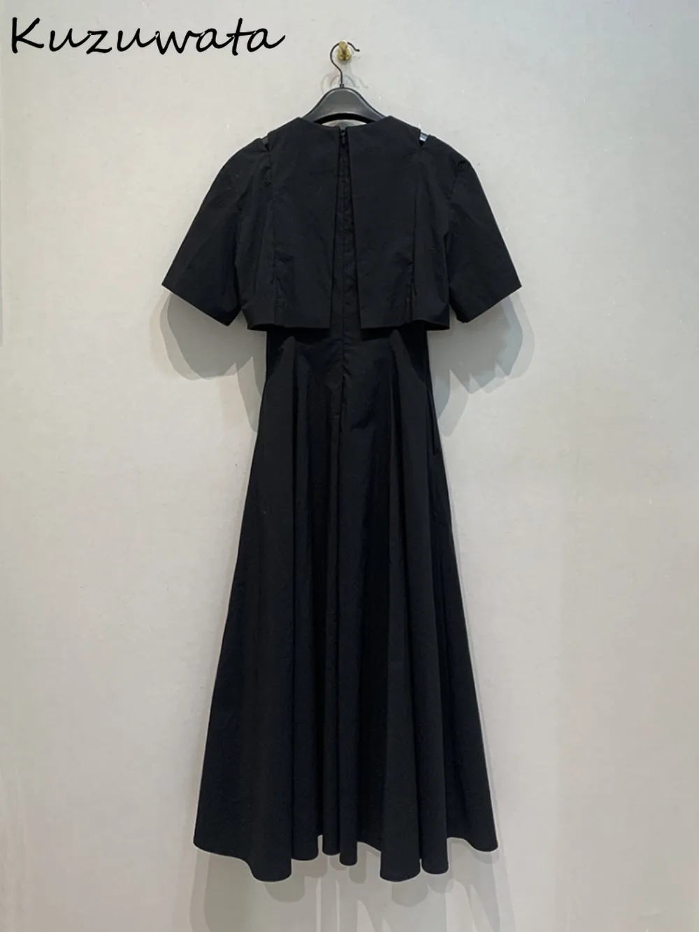 Kuzuwata New O Neck Half Sleeve Ruched Dress High Waist Loose Off Shoulder Slim Fit Robe Japan Fake Two Pieces Casual Vestidos