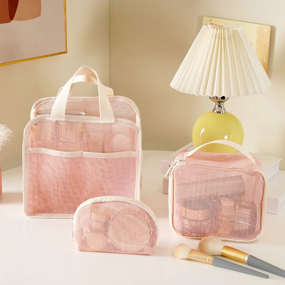 Portable Large Capacity Mesh Makeup Bag Solid Color Handheld Cosmetic Organizer Bag Lightweight Travel Makeup Pouch
