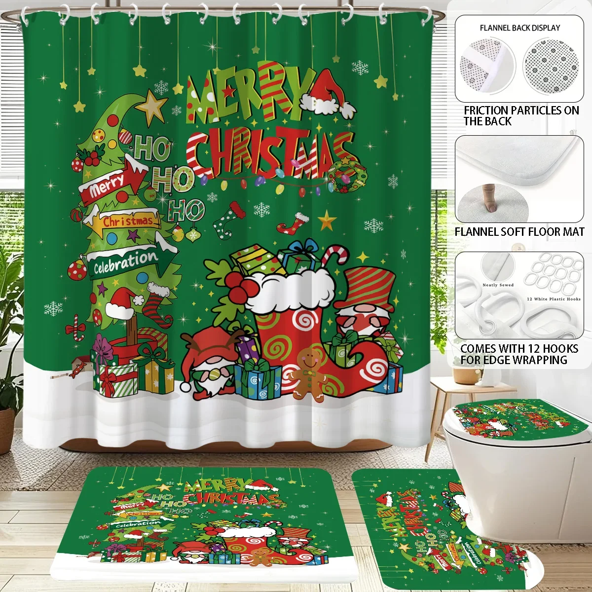 4pcs green cartoon Christmas tree print bathroom set 180x180 waterproof shower curtain floor mat toilet mat U-shaped pad
