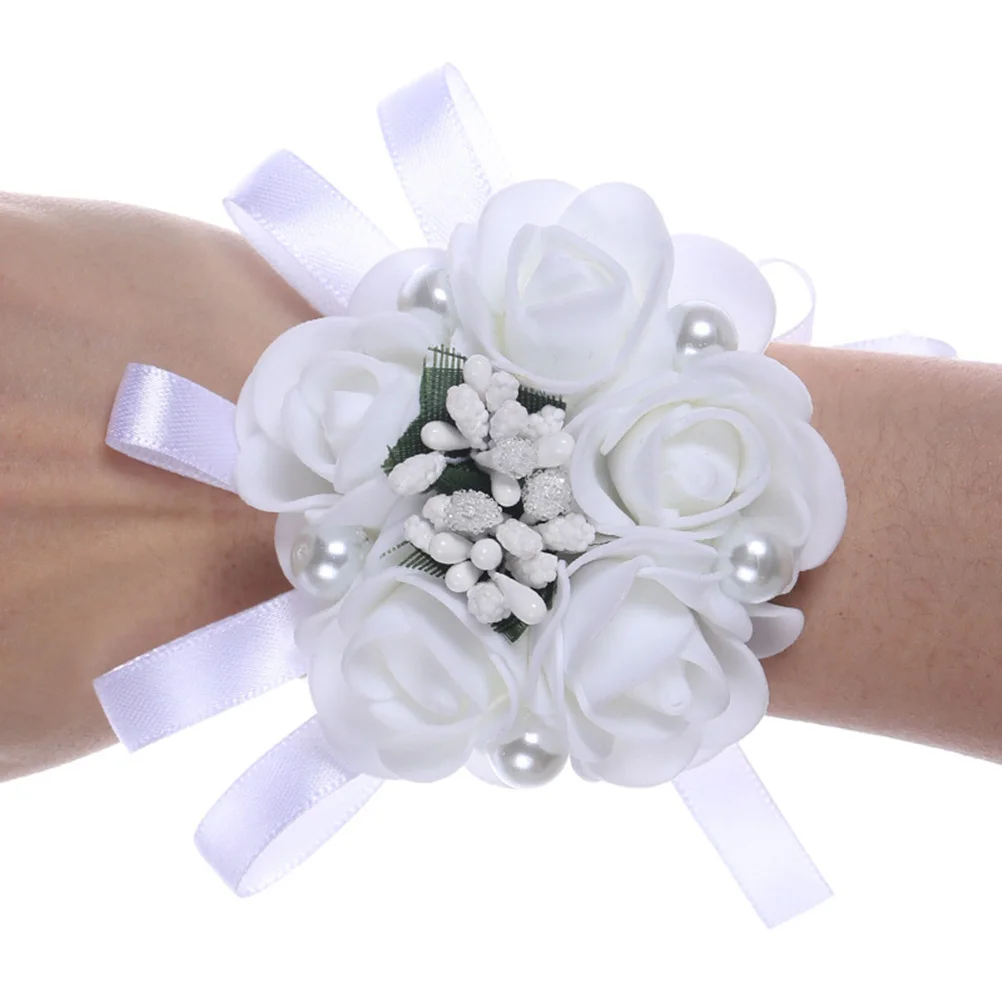 

3 Pcs Artificial Flower Wrist Corsage Soft Comfortable Wedding Bridal Bridesmaid Adjustable H Decor White