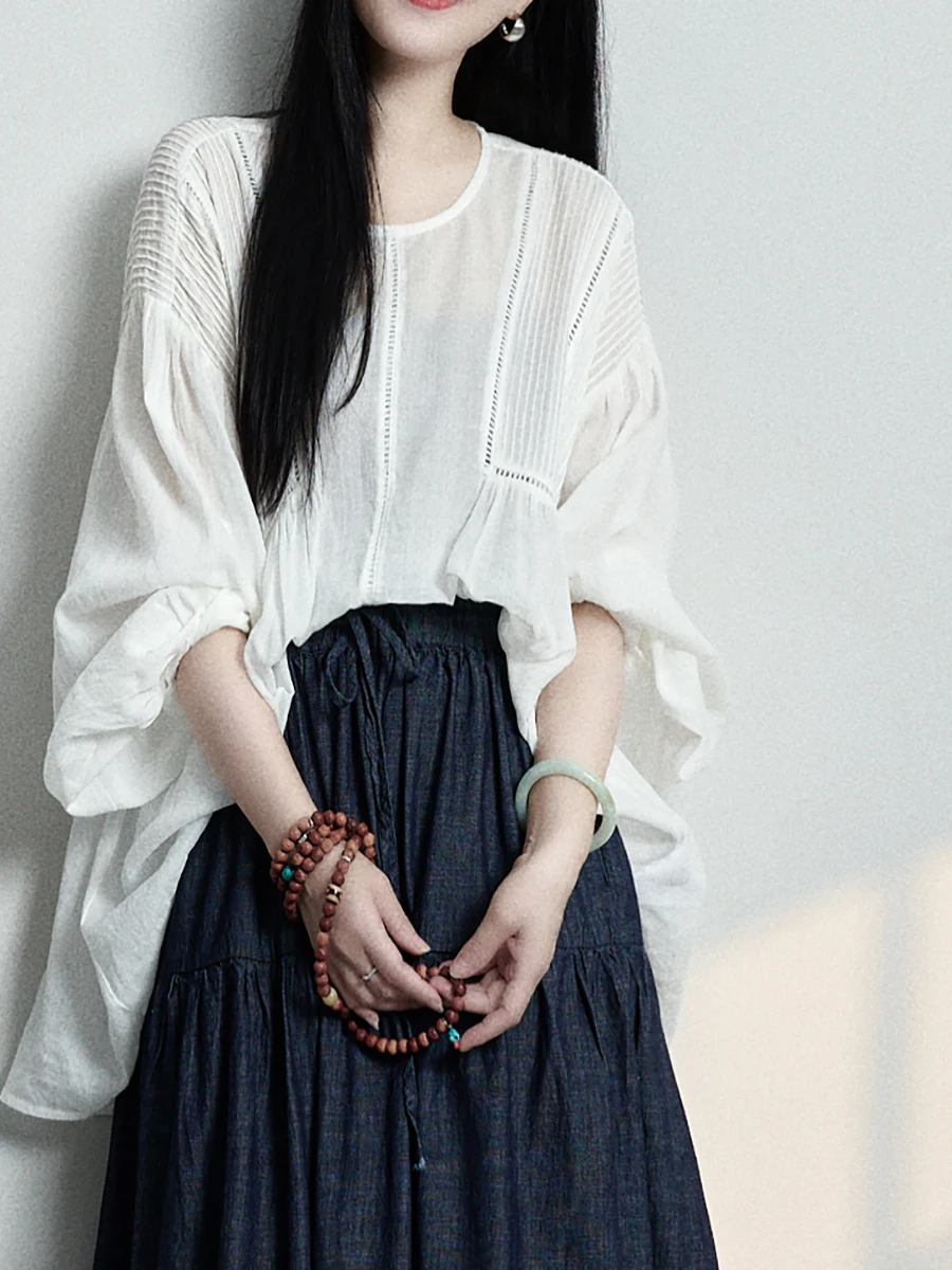 

Artistic Loose Linen irt Lantern Sve Accordion Pleat Cover up Women's Comfortable Breathable Long Sve round Ne Top