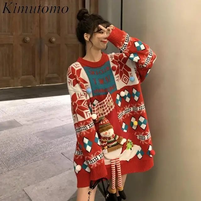 Kimutomo Atmosfera natalizia Maglione oversize rosso Maglioni decorativi tridimensionali Pullover coreano di media lunghezza a contrasto