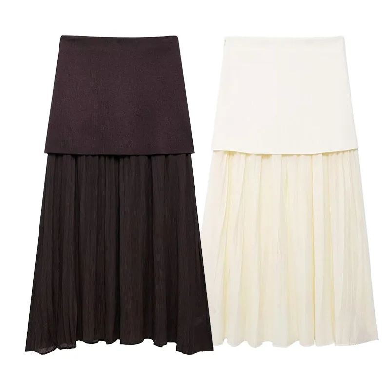 

HH TRAF 2024 Woman's Splicing Skirts Solid High Waist Side Zipper Pleated Long Skirts Autumn Elegant Skirts Woman Trendy