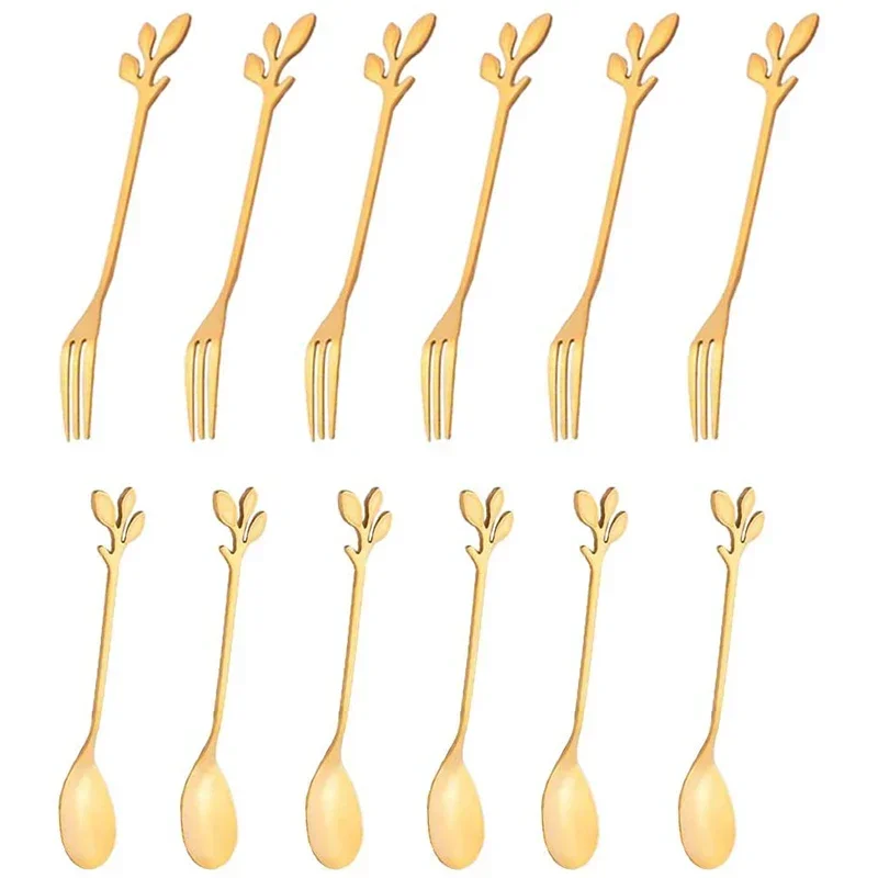 

12Pcs Creative Stainless Steel Leaves Spoon Fruit Fork Coffee Spoon Dessert Ice Cream Scoop Kitchen Accessories Cutlery Set