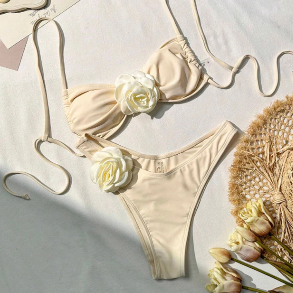 Womens New Style Three-dimensional Flower Japanese Woman Panties Breathable Bikini Suit Sexy Beach Resort Comfortable Swimsuit