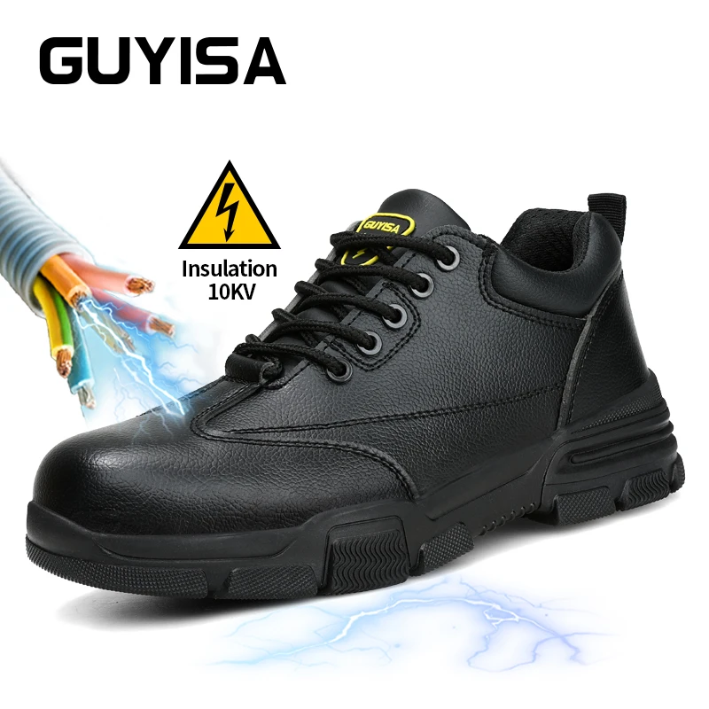 GUYISA Safety Shoes 10KV Insulated Shoes For Electrician Work Plastics Toe Black Puncture Protection Size 37-46