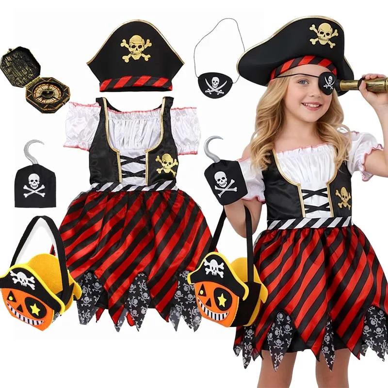 Girls Cosplay Halloween Pirate Captain Kids Dress Up Costume Boys Top+Pants+Headscarf+Eye Mask Sets Carnival Birthday Clothes