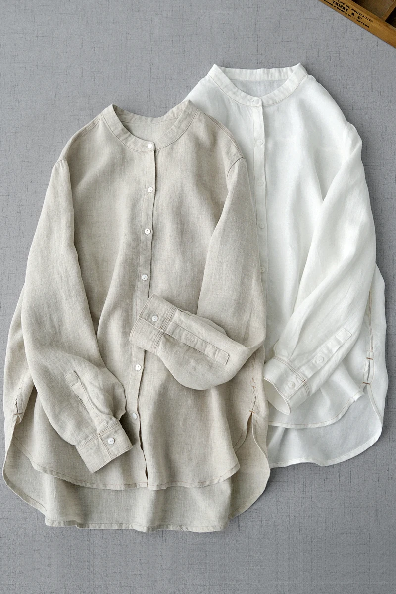 

Spring Summer New Women All-match Loose Stand Collar Comfortable Water Washed Linen Shirts/Blouses 118cm Bust